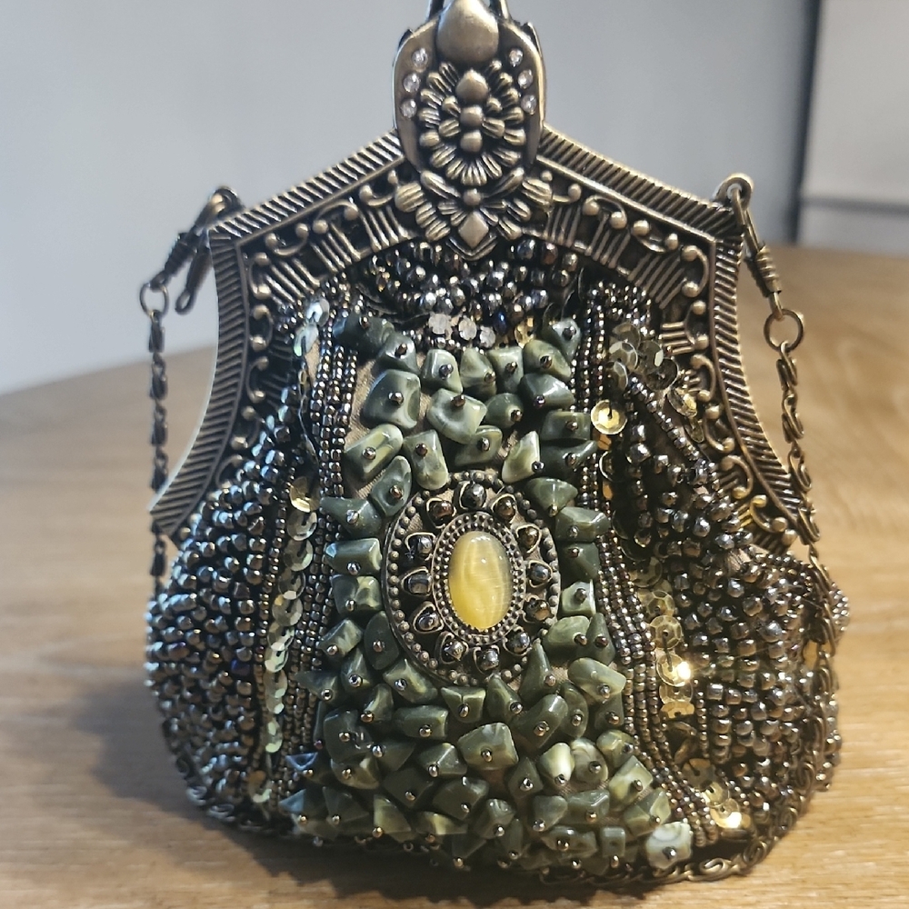 The Pyramid Collection Green and Gold Beaded Clutch